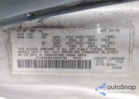 2000 Toyota Tacoma Prerunner V6 из США, поврежденный, VIN 4TASN92N4YZ666790